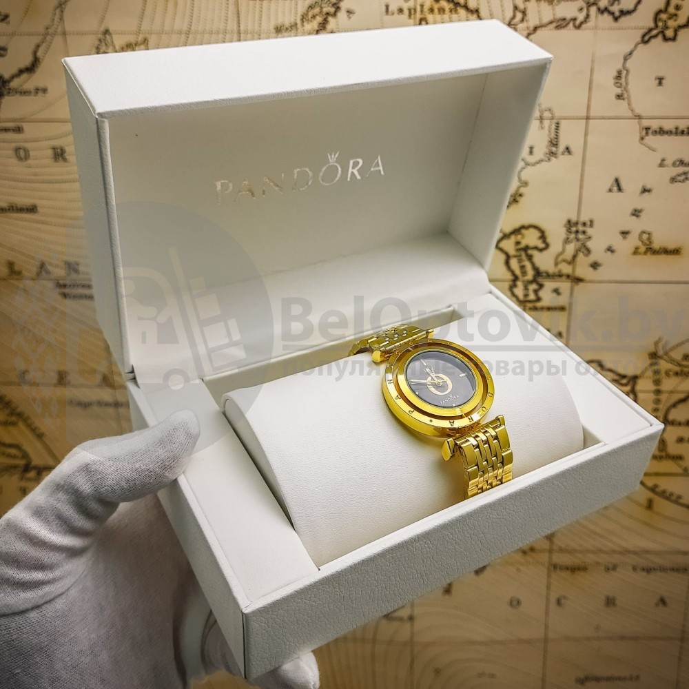 Комплект Pandora (Часы, кулон, браслет) Золото с черным циферблатом - фото 4 - id-p119132108