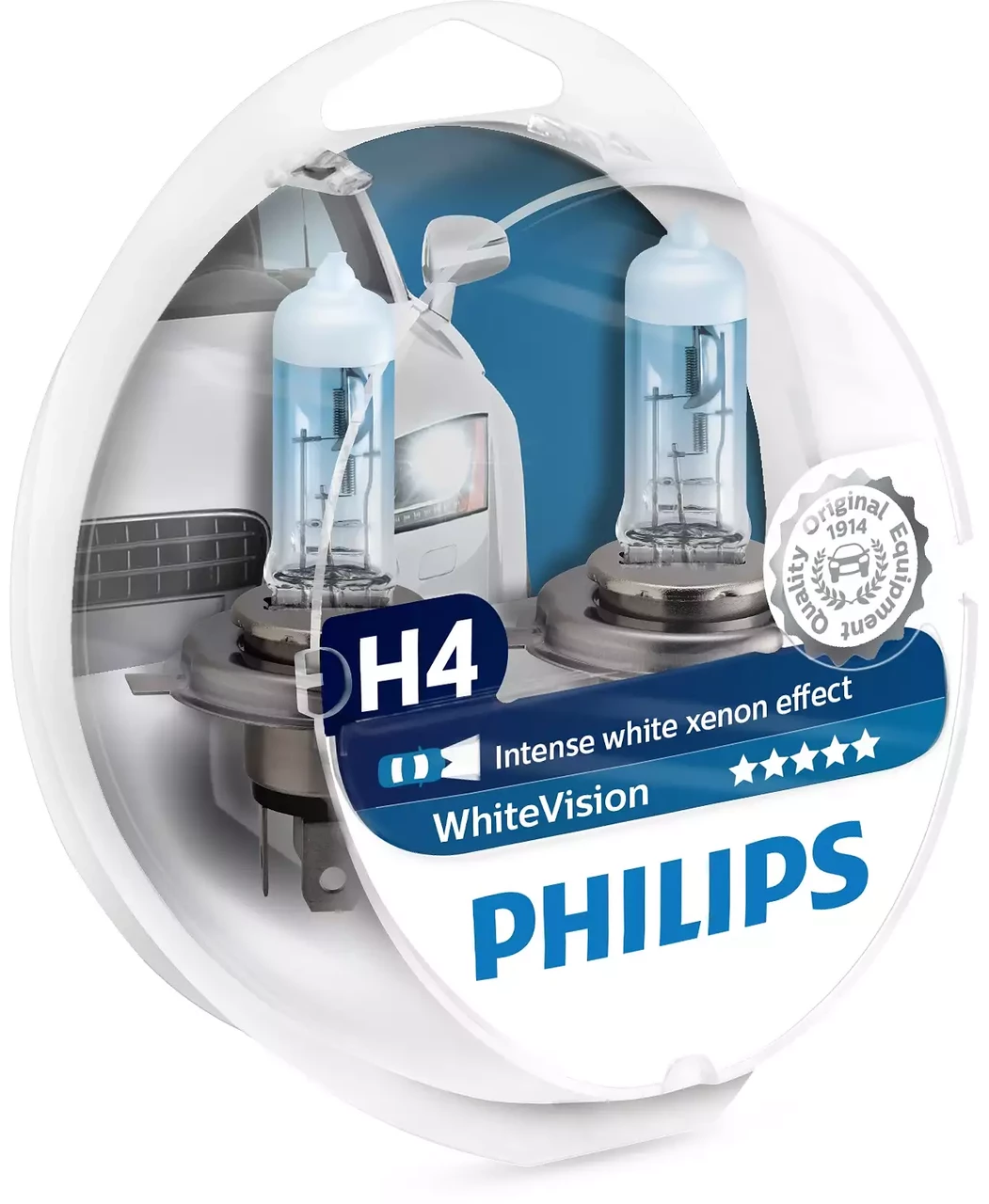 Автомобильная лампа H4 Philips WhiteVision + 2шт. W5W 4200K 12342WHVSM (комплект 2+2 шт)