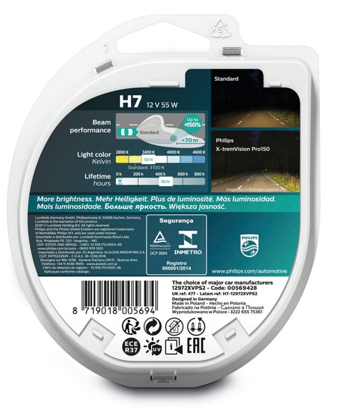 Автомобильная лампа H7 Philips X-treme Vision Pro150 (+150%) 12972XVPS2 (комплект 2 шт) - фото 2 - id-p159633675