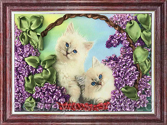 Набор для вышивки лентами КАРОЛИНКА арт. КЛ-4013(н) Коты в корзине 18х24,5 см