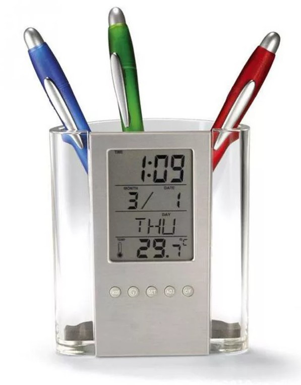 Будильник-карандашница электронный на батарейках с термометром и гигрометром, таймером. - фото 2 - id-p159641560