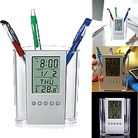 Будильник-карандашница электронный на батарейках с термометром и гигрометром, таймером.