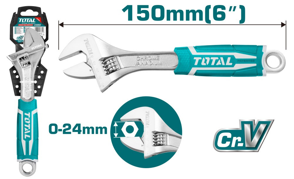 Ключ разводной 150mm(6"), Cr-V, захват 0-24mm, обрезиненная рукоятка TOTAL THT101066 - фото 1 - id-p159694994