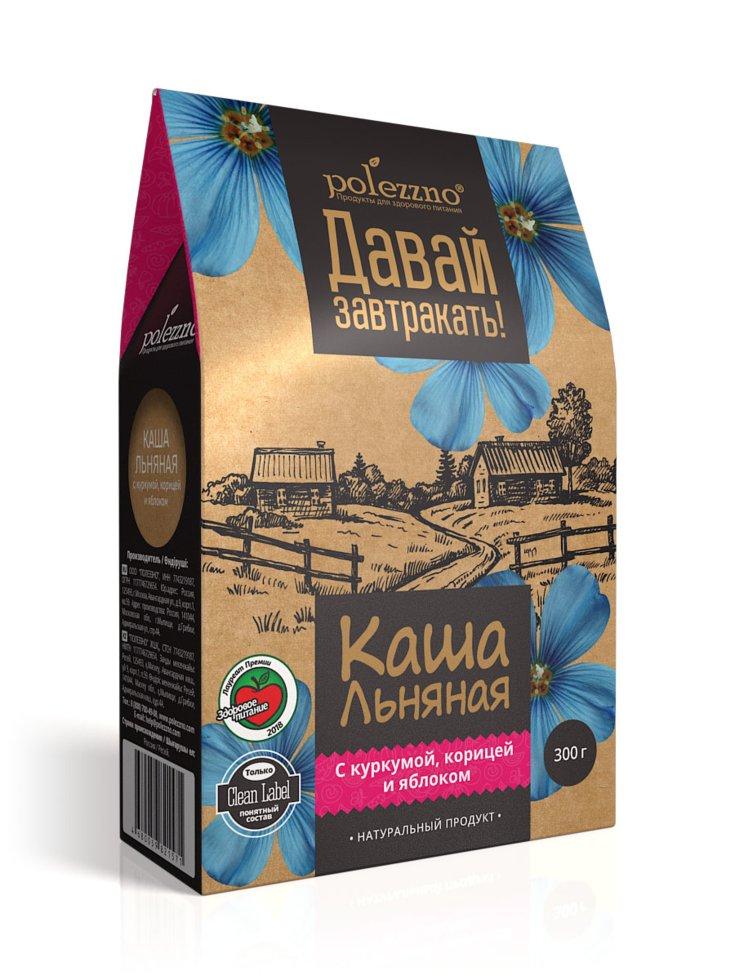 Каша льняная "С куркумой, корицей и яблоком" Полеззно, 300 г