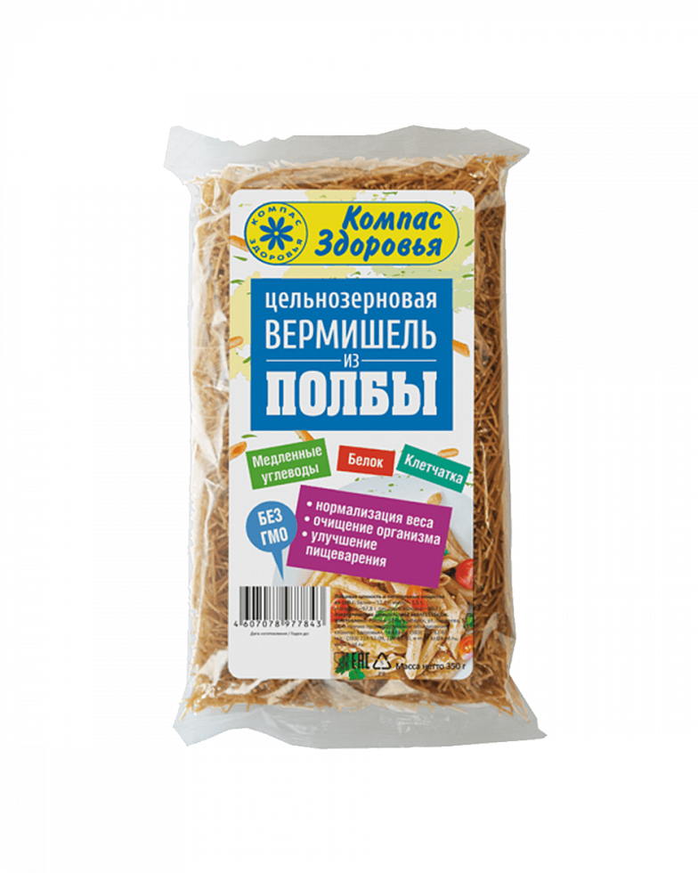 Цельнозерновая вермишель из полбы "Компас здоровья", 350 гр.