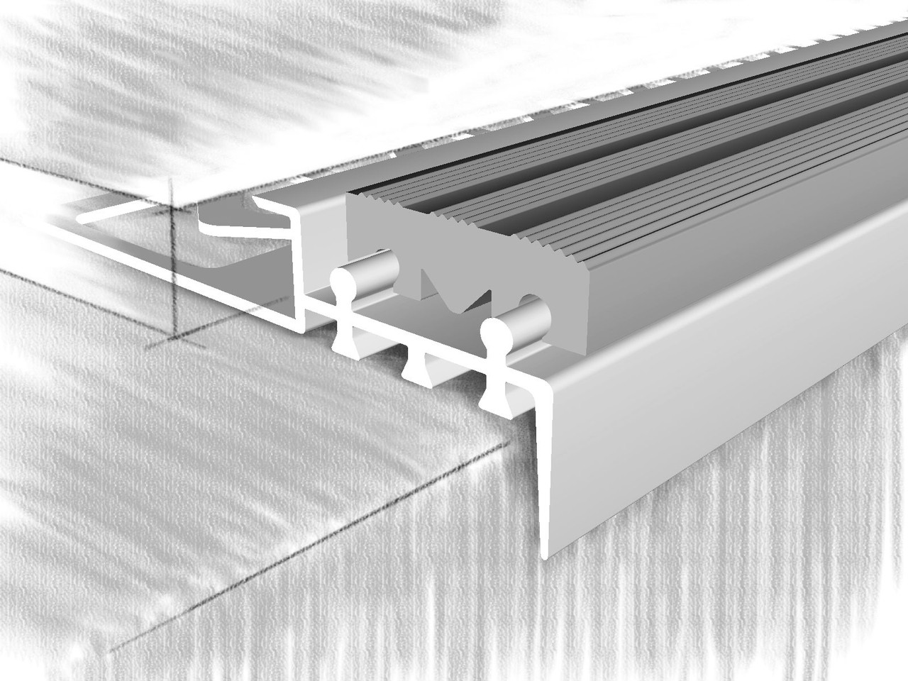 Профиль для ступеней анодированный серебро, СЕРАЯ резиновая вставка