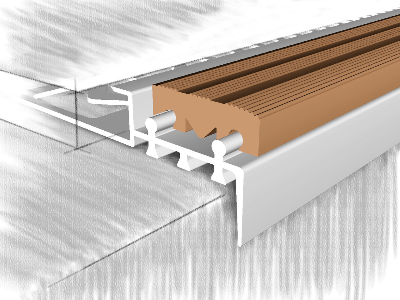 Профиль для ступеней анодированный серебро, БЕЖЕВАЯ резиновая вставка