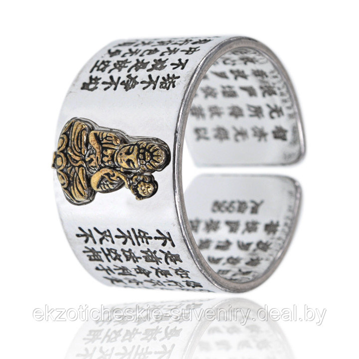 Безразмерное кольцо с мантрой Будда, цвет серебряный