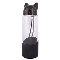 Бутылка для воды 350мл "Кошка" (стекло, пластмасса, силикон) цвет ассорти