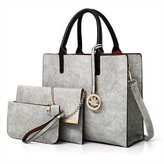 Набор женских сумок 3 в 1 (сумка, клатч, кошелек) серый