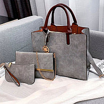 Набор женских сумок 3 в 1 (сумка, клатч, кошелек) серый, фото 3