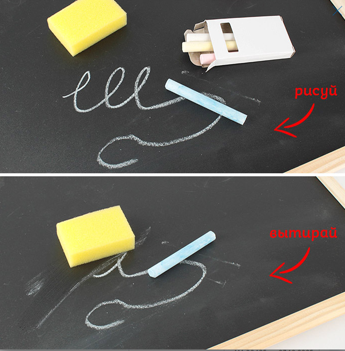 Доска для рисования двусторонняя маркерно-меловая 40*30см + губка + маркер + 4 мелка - фото 5 - id-p147596987