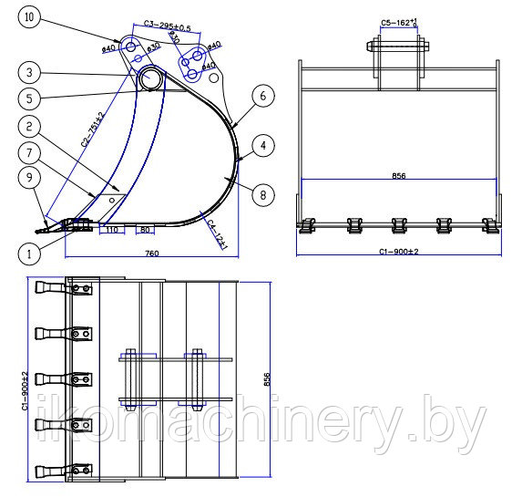 Ковш Komatsu WB93/97-2, 900 мм, (комплект с пальцами)