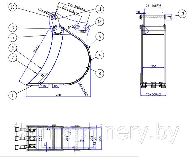 Ковш NEW HOLLAND LB90-115B, 300 мм, (комплект с пальцами)