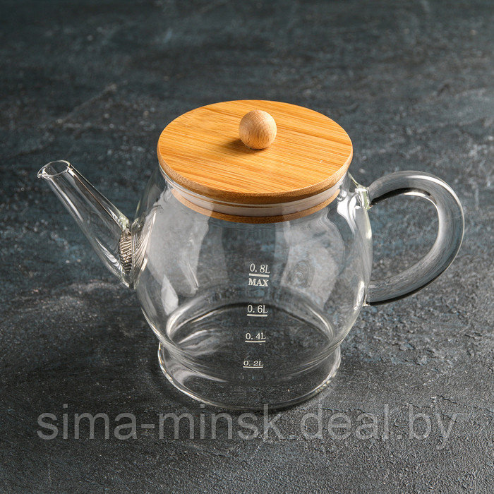 Чайник стеклянный заварочный с бамбуковой крышкой и металлическим фильтром «Эко. Бабл», 800 мл, 22×12,5×15 см - фото 1 - id-p160350843