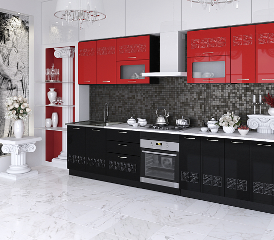 Кухня "Адель" МДФ Красный глянец – Черный глянец со стеклом