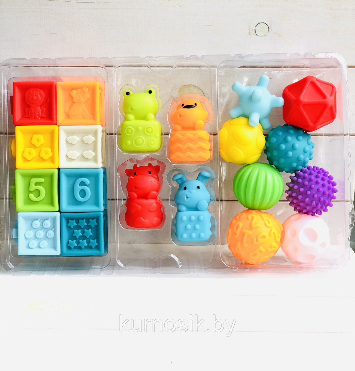 Набор тактильных игрушек (массажных) "Тактильные игрушки" кубики/животные/мячики 20 штук HE0231 - фото 7 - id-p160740347