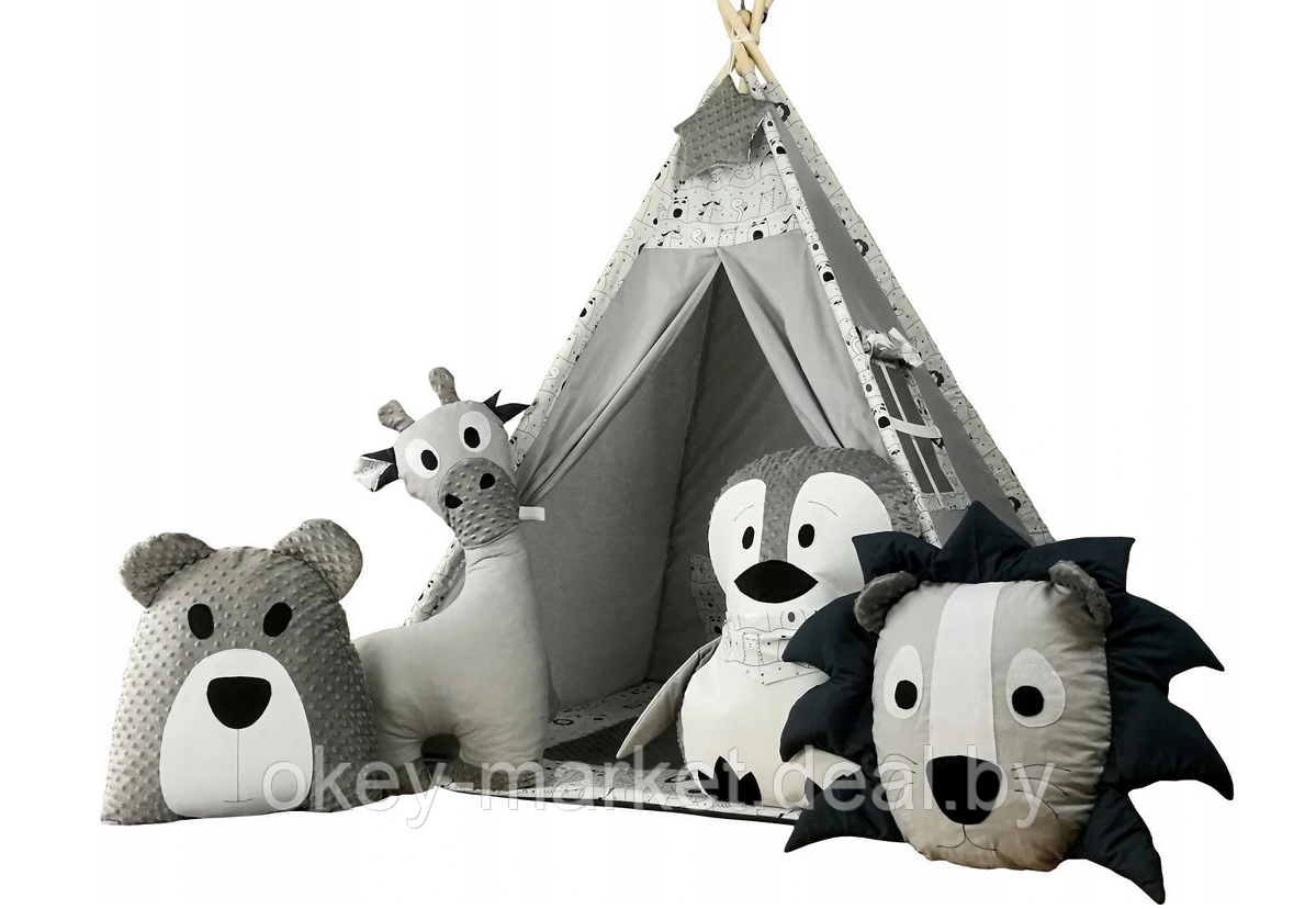 Детский вигвам / типи , игровая палатка + 4 игрушки , серый - фото 1 - id-p160749501
