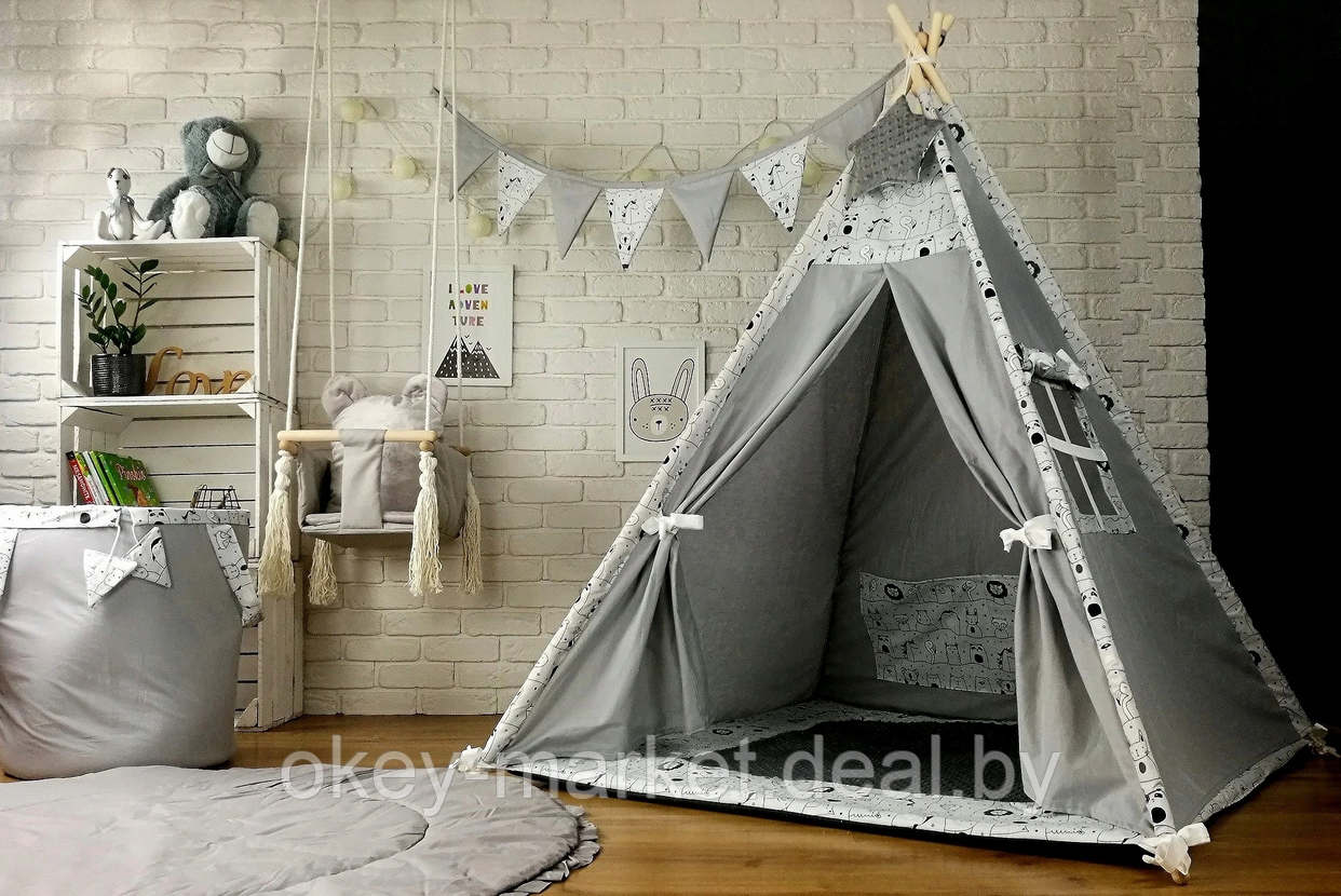 Детский вигвам / типи , игровая палатка + 4 игрушки , серый - фото 5 - id-p160749501