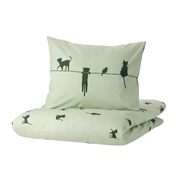 IKEA/  БАРНДРЁМ Пододеяльник и наволочка, орнамент «кошки»/зеленый150x200/50x70 см