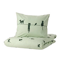 IKEA/  БАРНДРЁМ Пододеяльник и наволочка, орнамент «кошки»/зеленый150x200/50x60 см