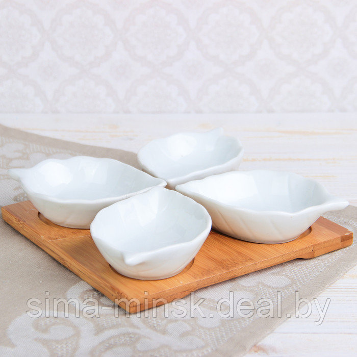 Набор салатников керамический на деревянной подставке «Эстет. Лист», 4 предмета: 50 мл, цвет белый - фото 1 - id-p160977716