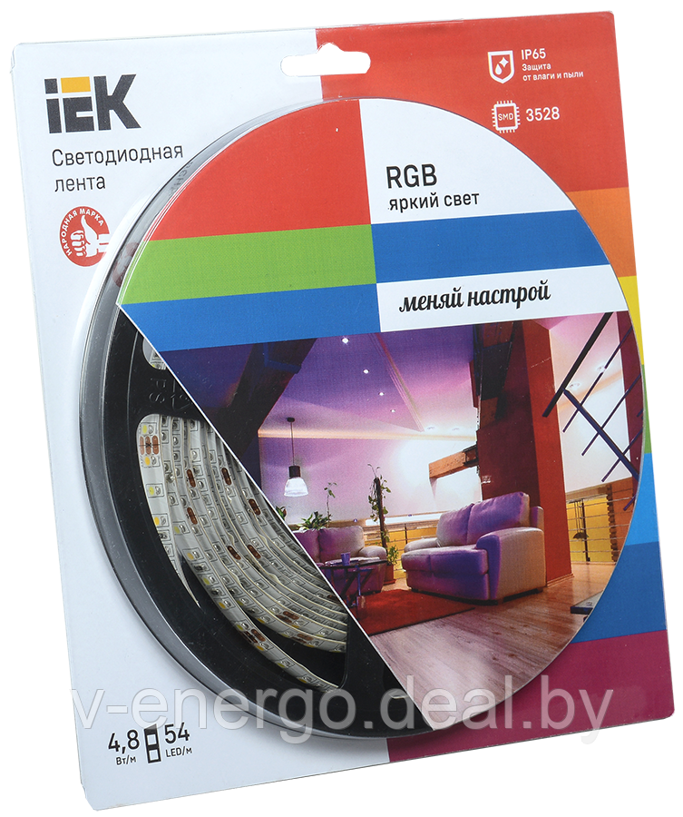 Лента LED 5м блистер LSR-3528RGB54-4.8-IP65-12V полноцветная IEK-eco