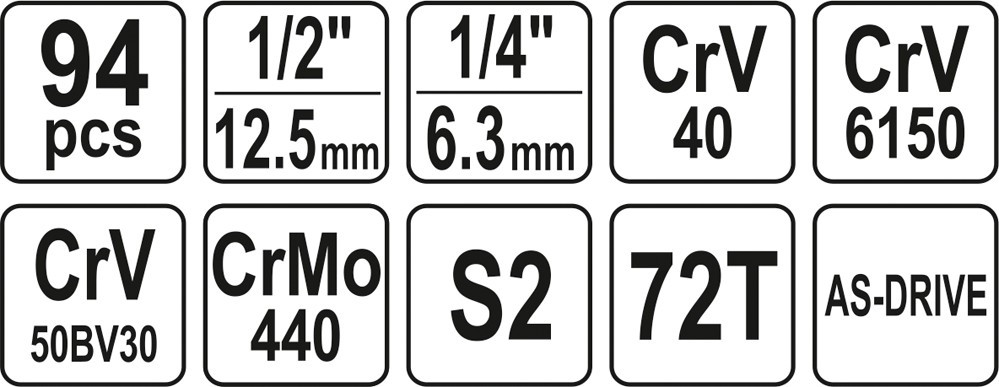 Набор инструмента 1/2", 1/4" (94пр.) CrV Yato, YT-12681 - фото 6 - id-p161192778