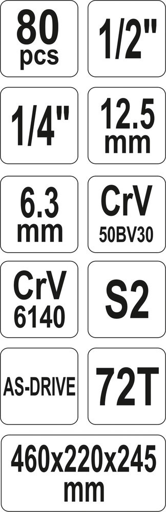 Набор инструмента 1/2", 1/4" (80пр.) CrV Yato, YT-38951 - фото 9 - id-p161192780