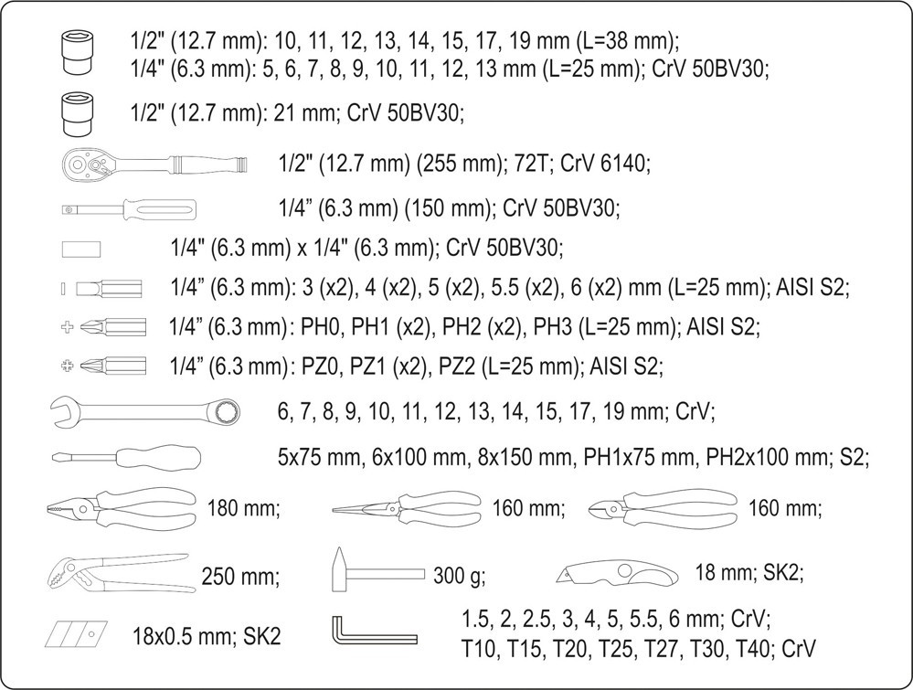 Набор инструмента 1/2", 1/4" (80пр.) CrV Yato, YT-38951 - фото 8 - id-p161192780