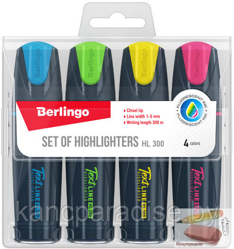 Набор маркеров текстовыделителей Berlingo Textline HL300, 1-5 мм., 4 штуки, европодвес, арт.T3020 - фото 1 - id-p161241164