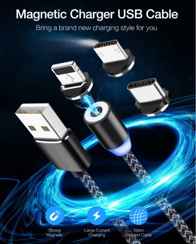 Магнитный кабель для зарядки USB 3 в 1 LED KK21S ( 4 цвета ) 1 м - фото 9 - id-p158983215
