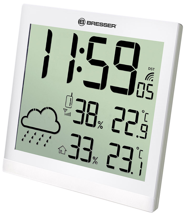 Метеостанция (настенные часы) Bresser TemeoTrend JC LCD с радиоуправлением, серебристая (Белый)