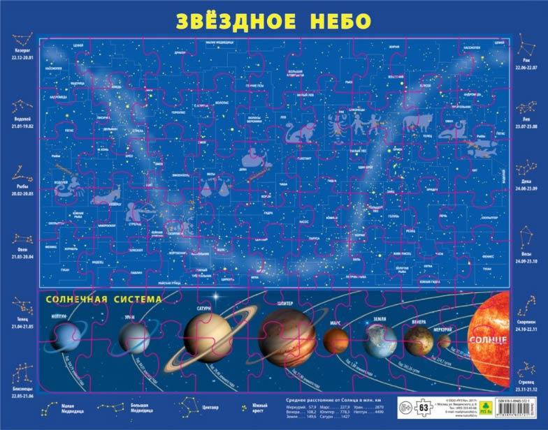 Карта-пазл звездного неба и Солнечной системы, на подложке, 63 элемента - фото 1 - id-p155879004