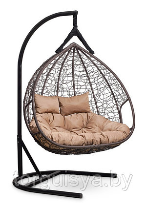 Подвесное двухместное кресло-кокон FISHT горячий шоколад кокон+бежевая подушка, фото 2