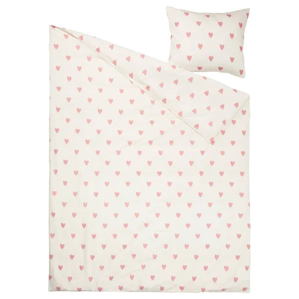 IKEA/ БАРНДРЁМ Пододеяльник и наволочка, орнамент «сердечки» белый/розовый150x200/50x60 см