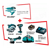 Набор инструмента MAKITA DCL180Z с ом инструментов: DTD152Z + DGA504Z + DSS610Z + 632F69-8 + 630793-1 + сумка