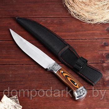 Нож охотничий Мастер К. в чехле, лезвие 18 см, рукоять деревянная, вставки с узором, хром
