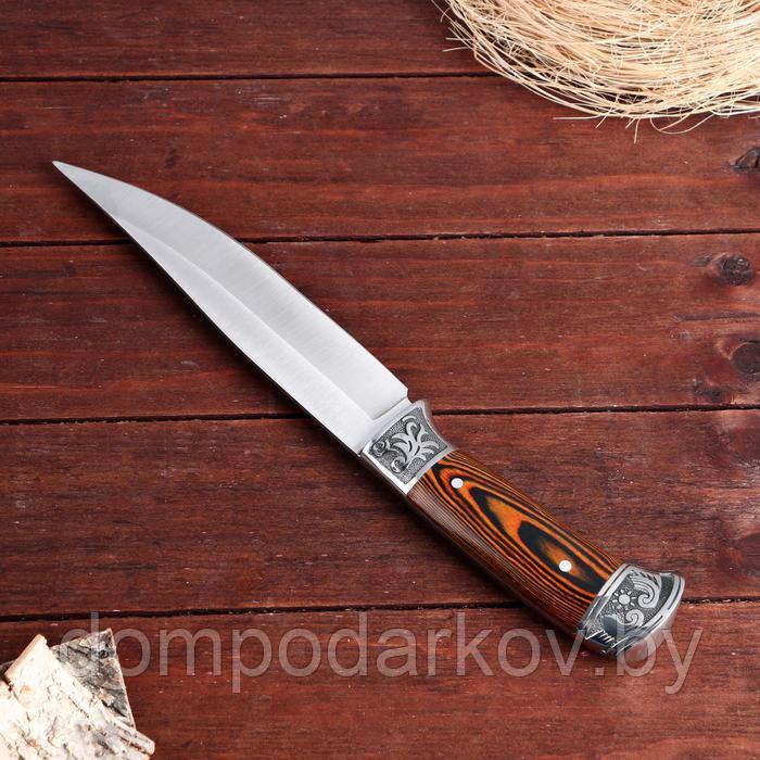 Нож охотничий Мастер К. в чехле, лезвие 18 см, рукоять деревянная, вставки с узором, хром - фото 4 - id-p162542964