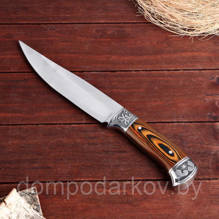 Нож охотничий Мастер К. в чехле, лезвие 18 см, рукоять деревянная, вставки с узором, хром - фото 3 - id-p162542964
