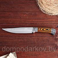 Нож охотничий Мастер К. в чехле, лезвие 18 см, рукоять деревянная, вставки с узором, хром, фото 2