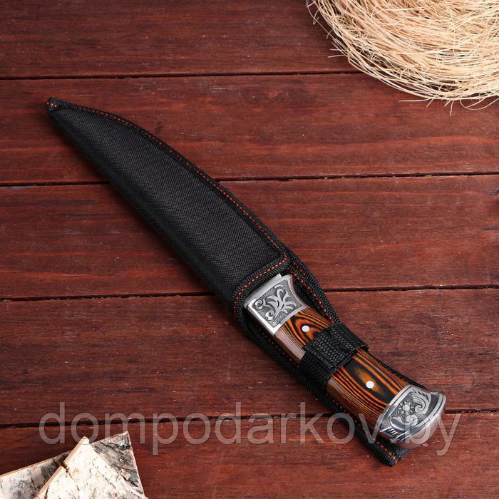 Нож охотничий Мастер К. в чехле, лезвие 18 см, рукоять деревянная, вставки с узором, хром - фото 5 - id-p162542964