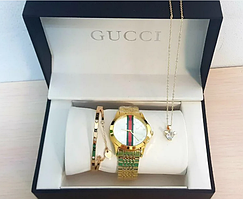 Подарочный набор Gucci браслет подвеска часы.Цвет Золото.