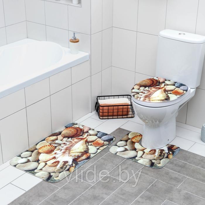 Набор ковриков для ванны и туалета Доляна «Ракушки», 3 шт: 36×43, 37×45, 45×73 см