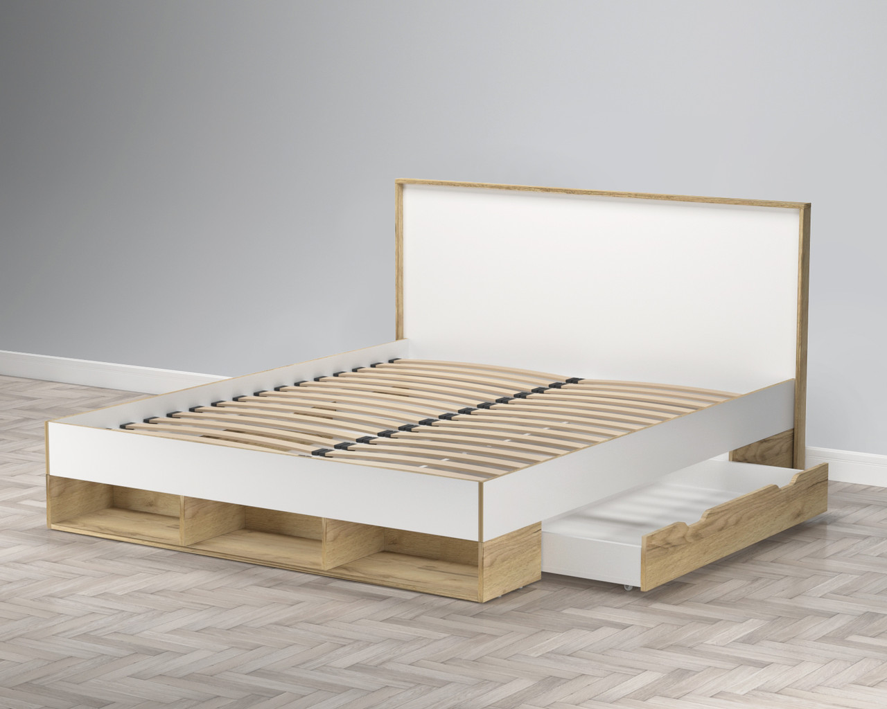 Кровать двойная SC-K160 с ящиками Сканди (Scandi) модульная (белый платинум/дуб золотой) фабрики Интерлиния