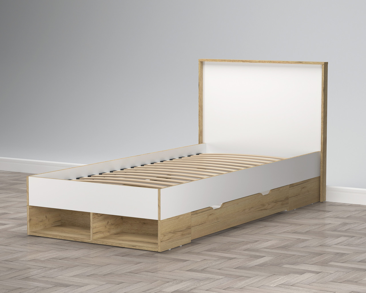 Кровать одинарная SC-K90 с ящиками Сканди (Scandi) модульная (белый платинум/дуб золотой) фабрики Интерлиния - фото 1 - id-p162819068