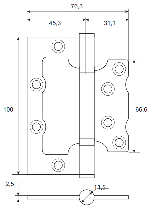 Петля накладная ("бабочка") Apecs 100*75*2,5-B2-Steel-NIS матовый никель - фото 2 - id-p119311015