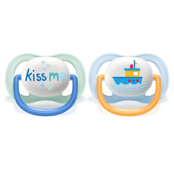 Пустышка Avent Ultra Air силиконовая Kiss me/Кораблик для мальчика 0-6мес (цена за 1шт) - фото 1 - id-p162855299