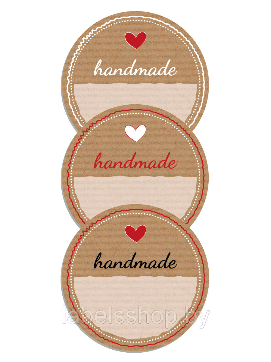 Круглые самоклеящиеся этикетки с принтом "Крафт handmade" (D 50 мм), 150 шт. в рулоне