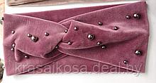Повязка теплая велюровая с бусинами 3 Розовый фиолетовый